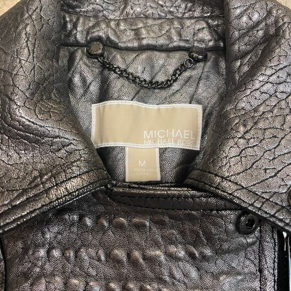 Michael Kors Metallic Silver Leather Jacket | Womens M, Moto Style EUC MSRP $595 - Picture 2 of 12
